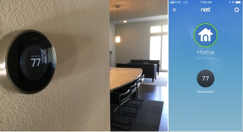 写真1：自宅の壁に掛けられたモーションセンサー（左）とスマートフォン上の管理画面